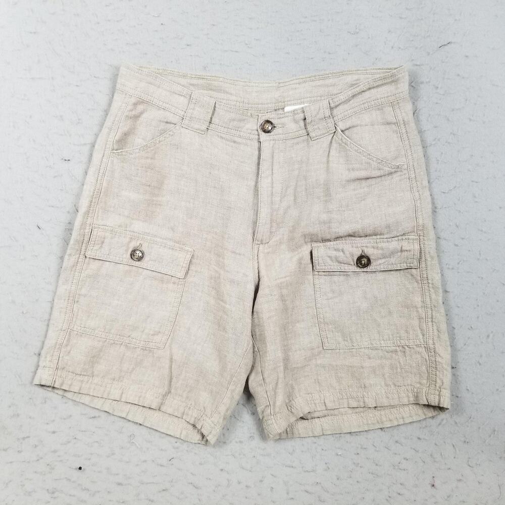 Tasso Elba Island Cargo Shorts Mens 33 Beige‎ Linen 10 Inseam Pockets Casual